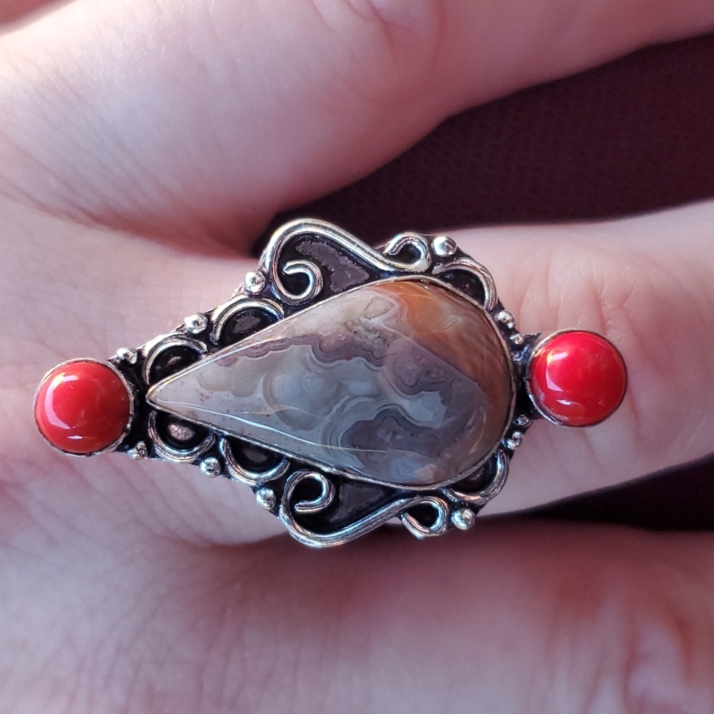 New Laguna Lace Agate & Coral 925 Silver Ring.